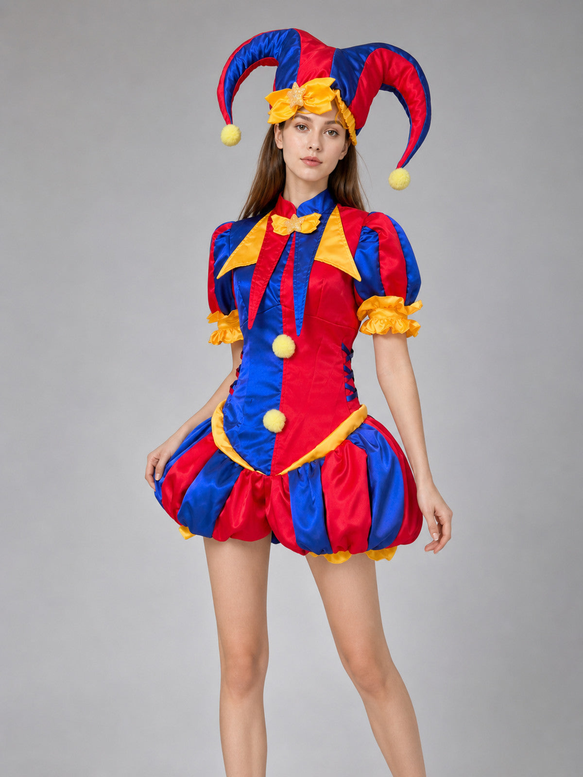 Bright circus jester-style costume with a dress and headpiece, designed for