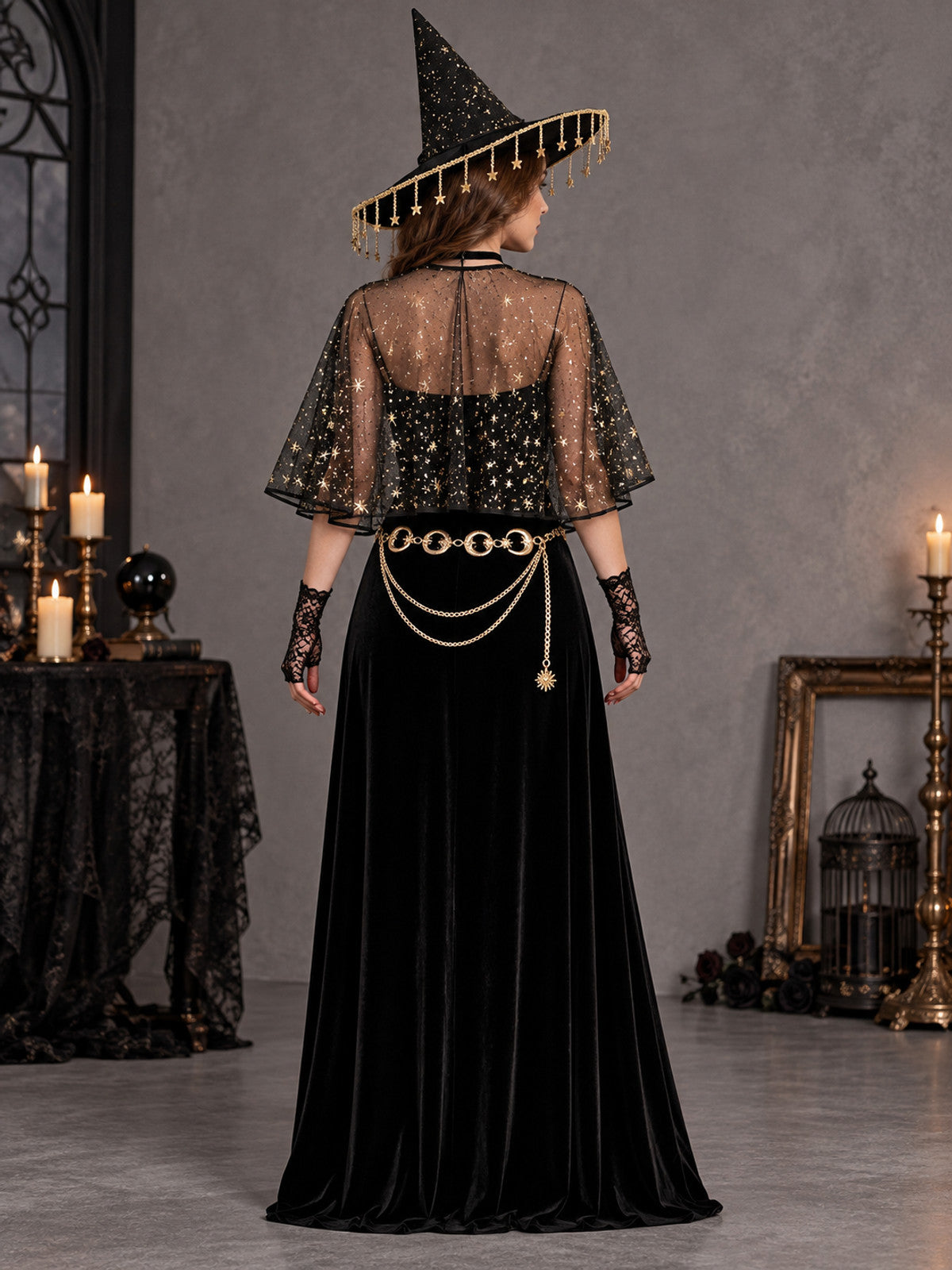 5-Piece Witch Costume Accessory Set: Hat, Choker, Gloves, Cape, and Waist Chain