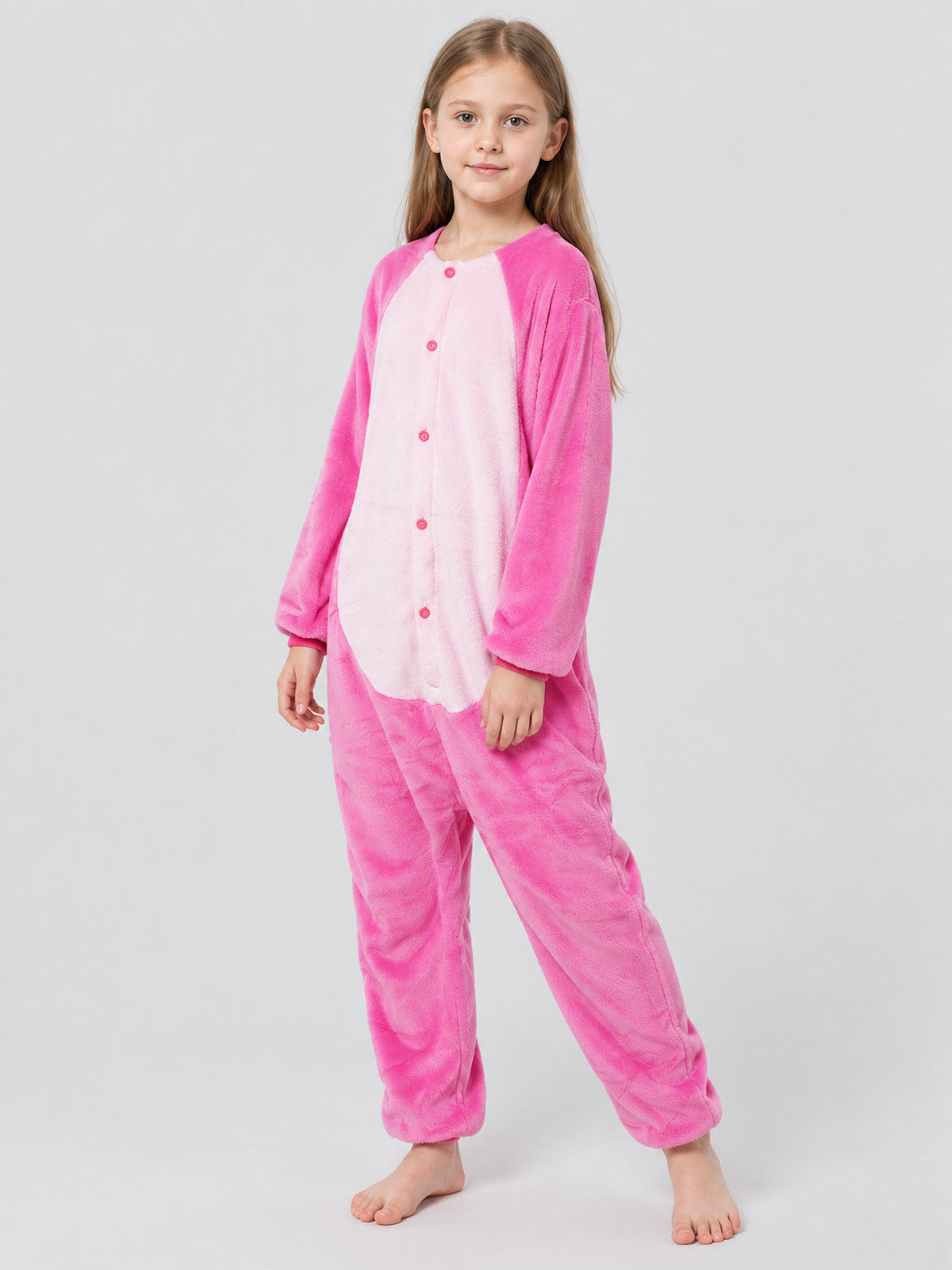 Pink fleece kigurumi pajama with buttons at the front