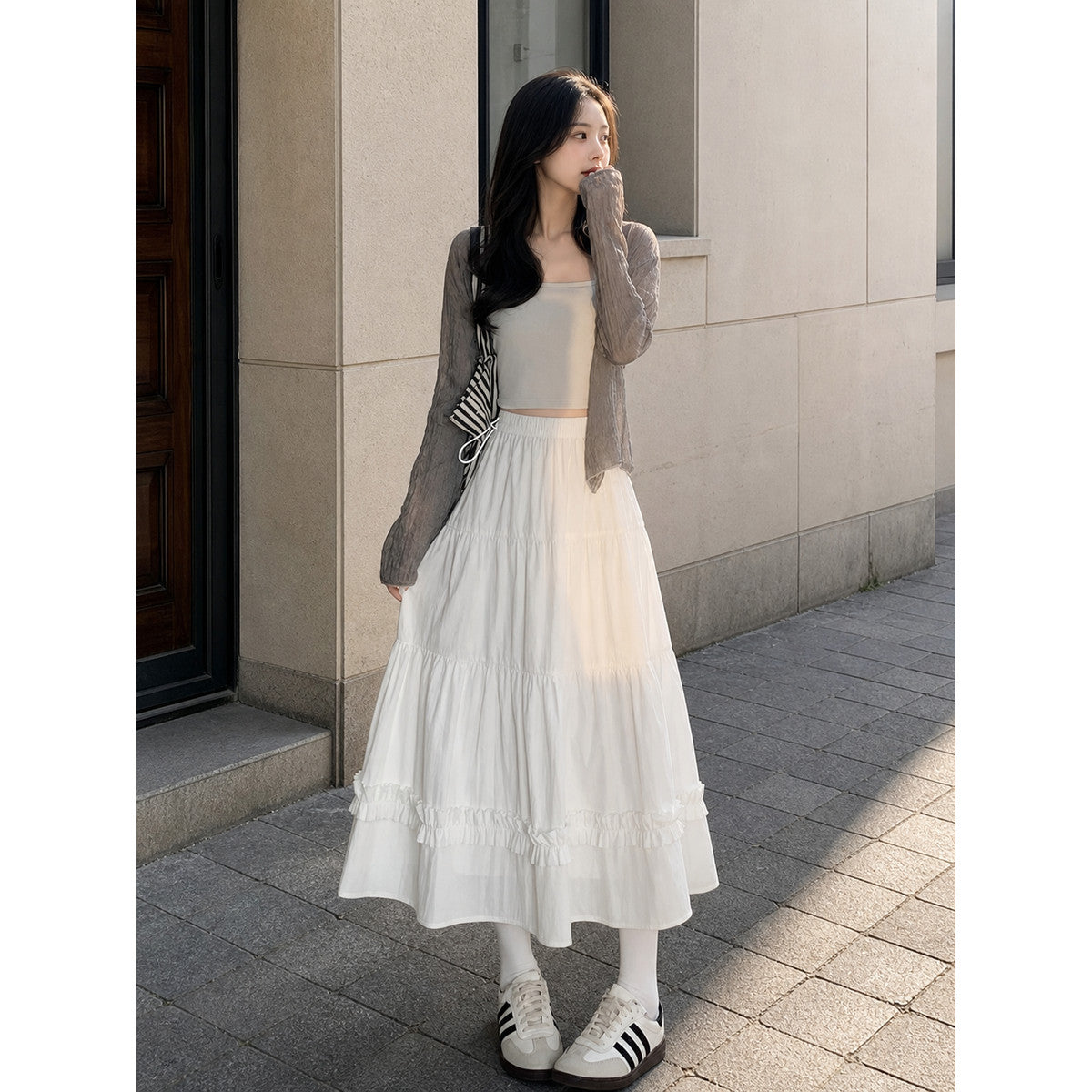 Long White A-Line Skirt with Tiered Ruffles