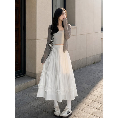 Long White A-Line Skirt with Tiered Ruffles