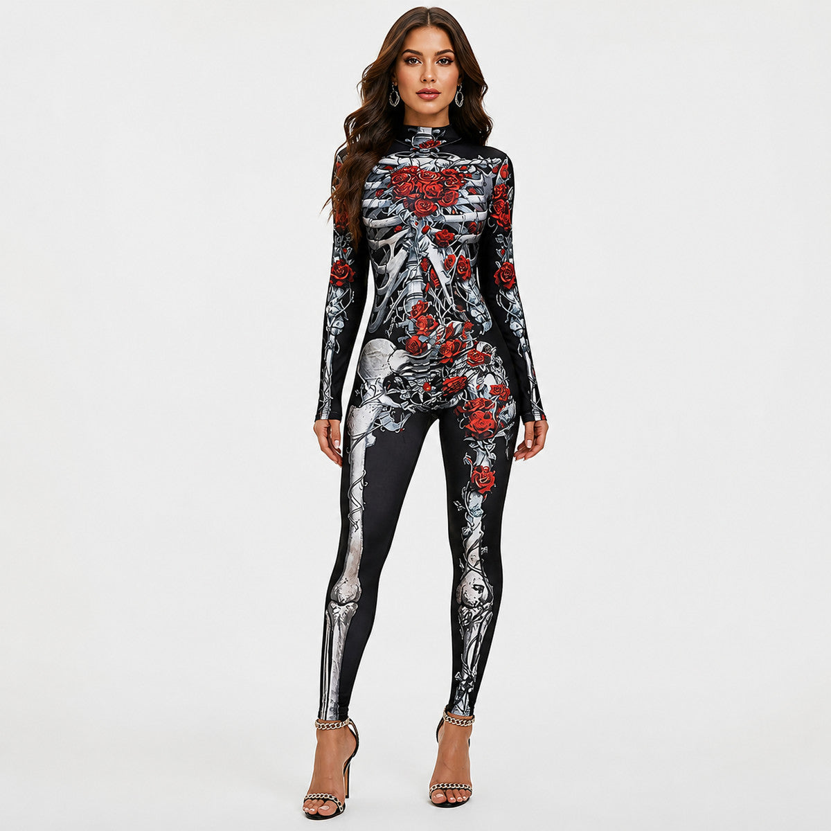 Gothic Style High Collar Jumpsuit with Skull and Rose Pattern, Long Sleeves product detail