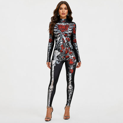 Gothic Style High Collar Jumpsuit with Skull and Rose Pattern, Long Sleeves product detail