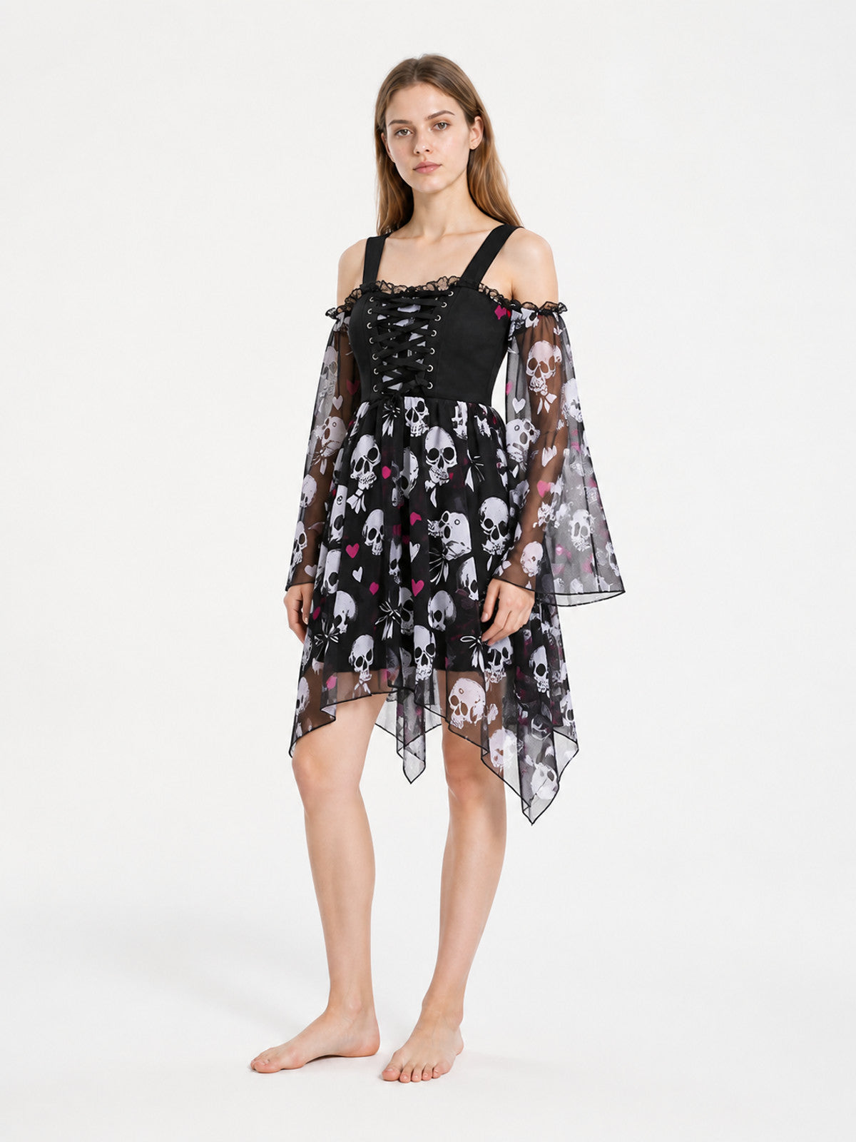 Gothic Skull Asymmetrical Tie-Front Dress