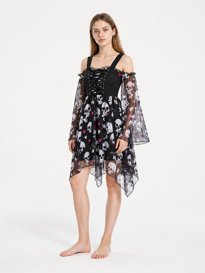 Gothic Skull Asymmetrical Tie-Front Dress