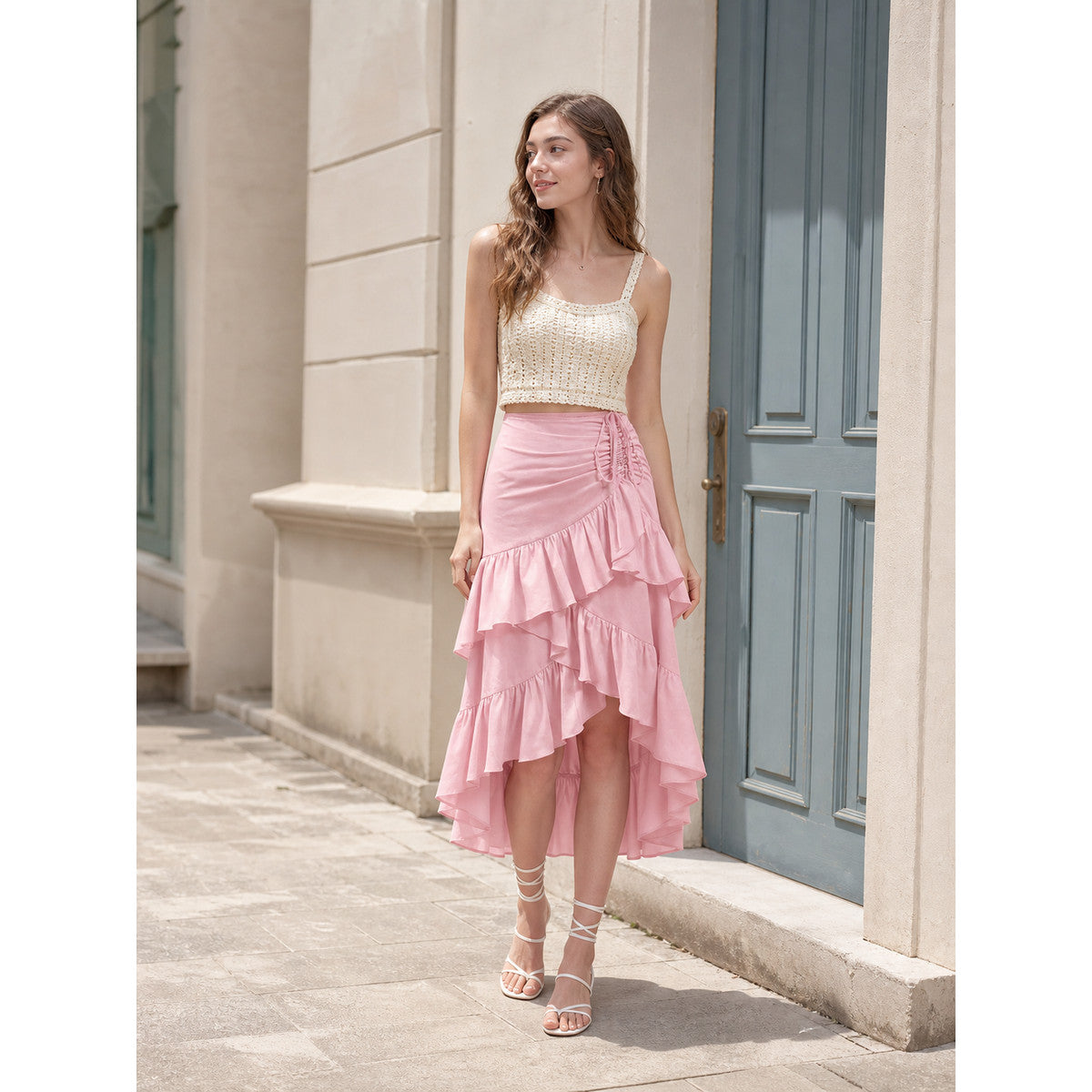 Pink Skirt with an Asymmetrical Tiered Ruffle