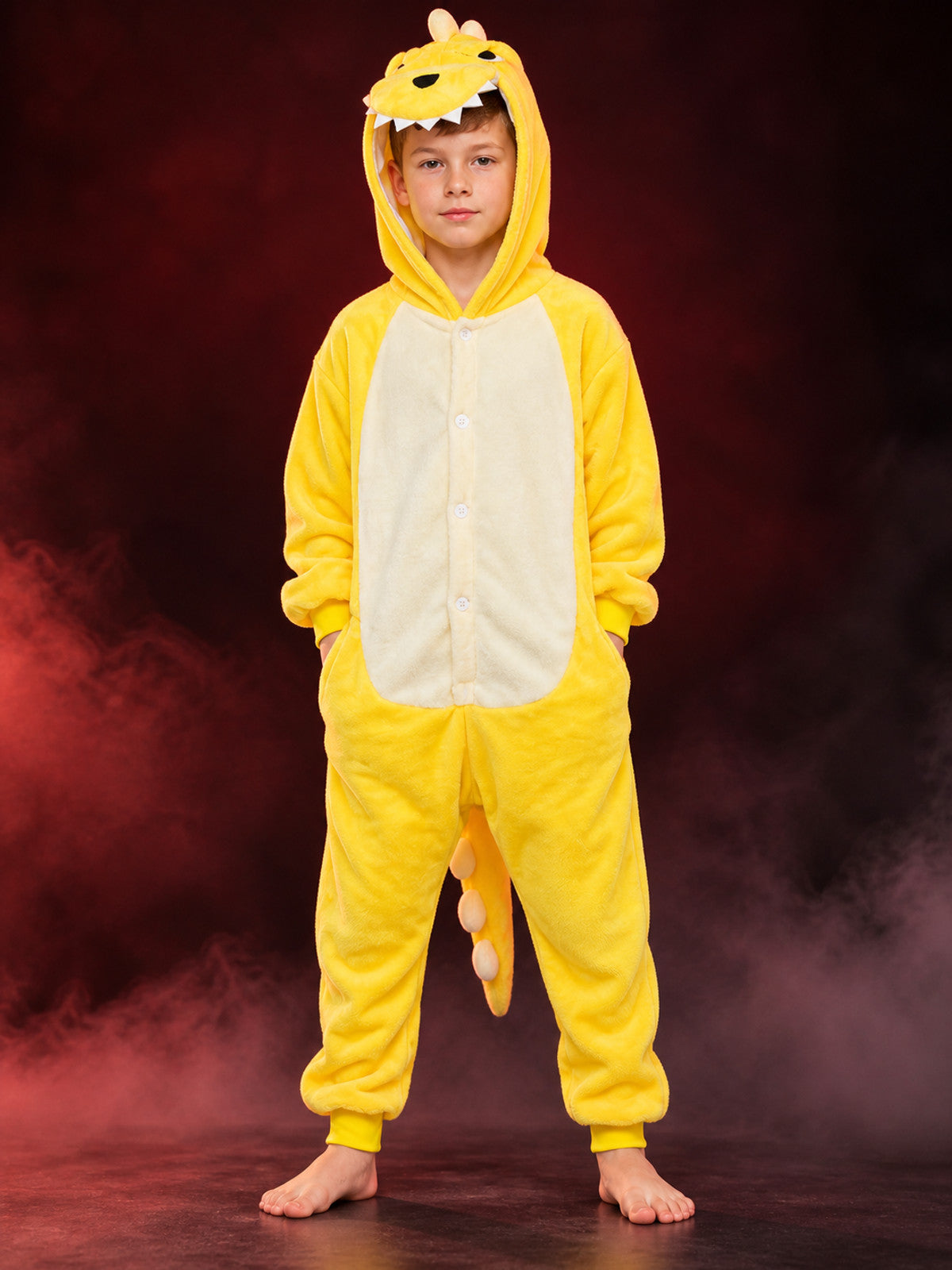 Kids' Dinosaur Kigurumi Pajama, Yellow, with Hood