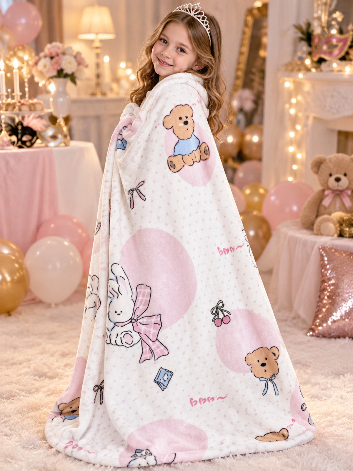 Reversible white blanket with bunny and bear print