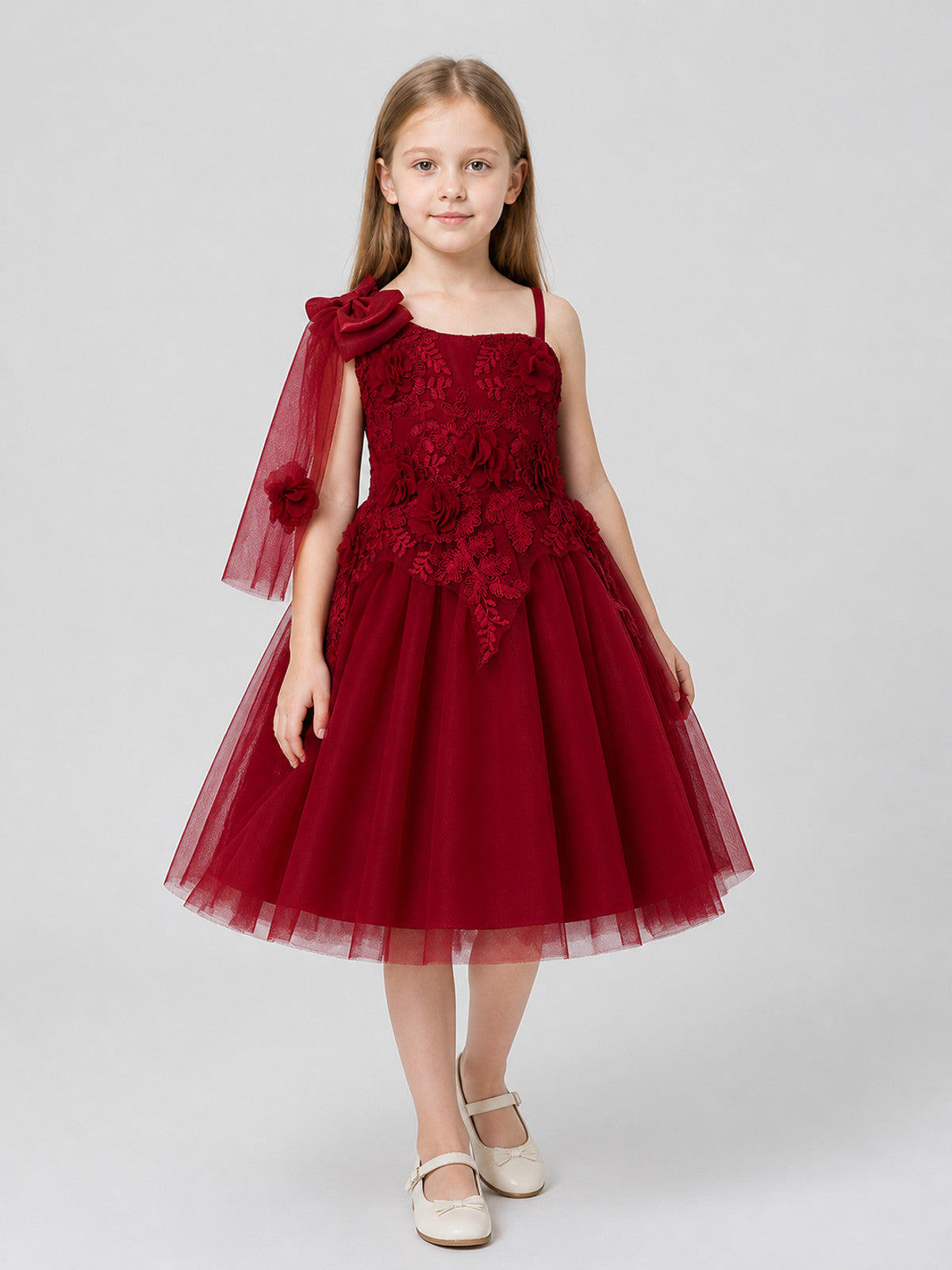 Full-Skirt Dress with Lace Bodice and Roses, Burgundy Costume Dresses detail