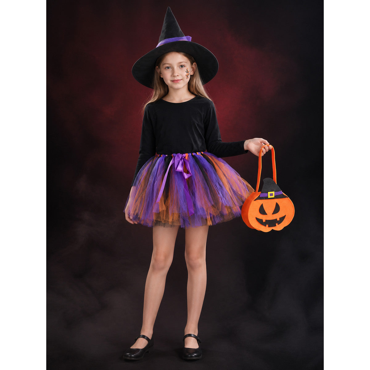 Kids' Halloween Witch Costume Set, Layered Skirt, Hat, Pumpkin Candy Bag & Face main product view