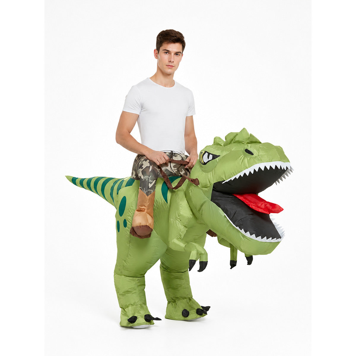 Green Inflatable Dinosaur Costume with Crest on-model front view