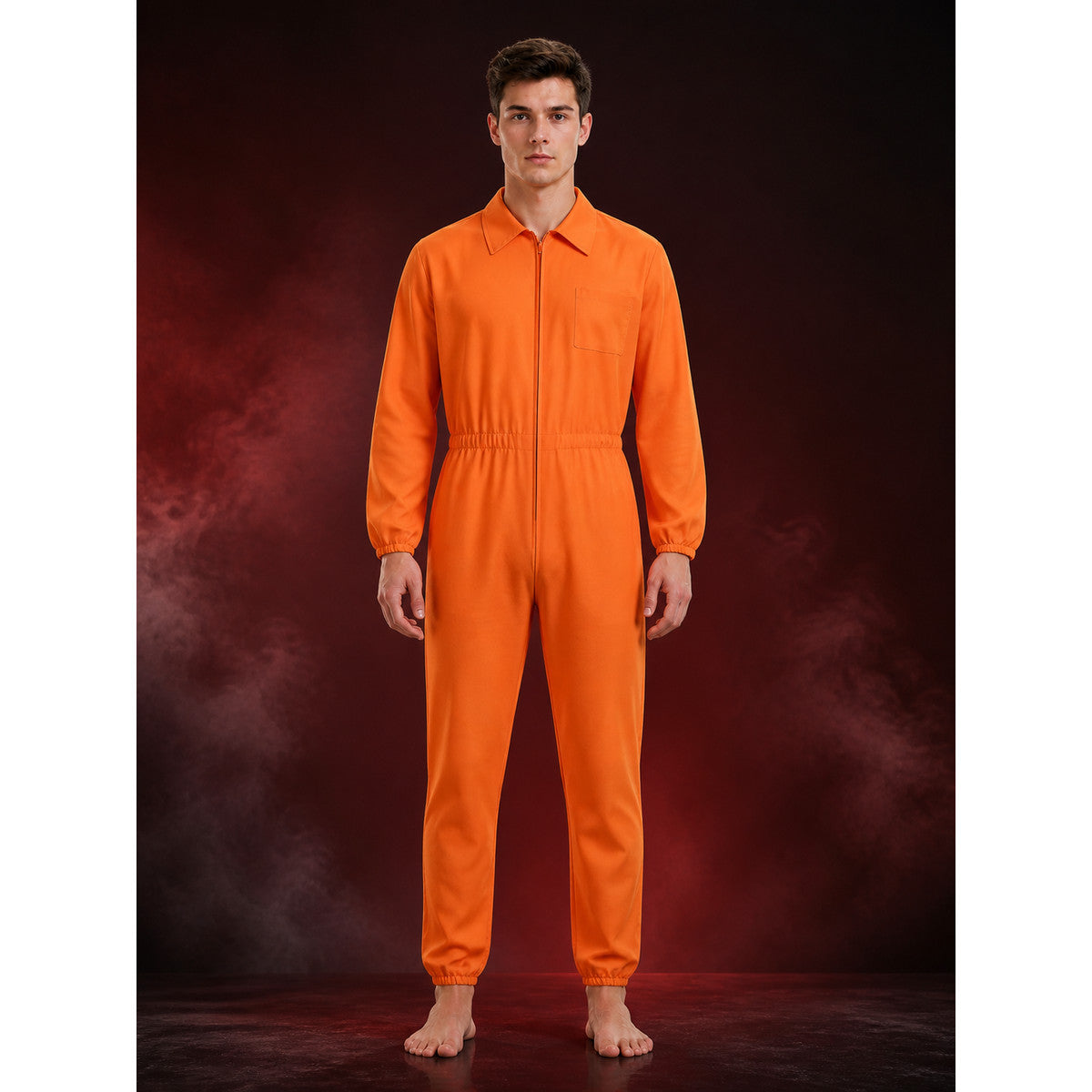 Prisoner Jumpsuit Costume for Adults, Orange DOC Print Long Sleeve Jail Outfit main product view