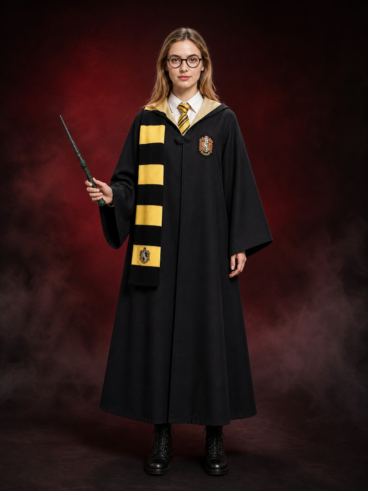 Wizard Costume Set With Black And Yellow Robe, Scarf, Tie, Wand And Round main product view