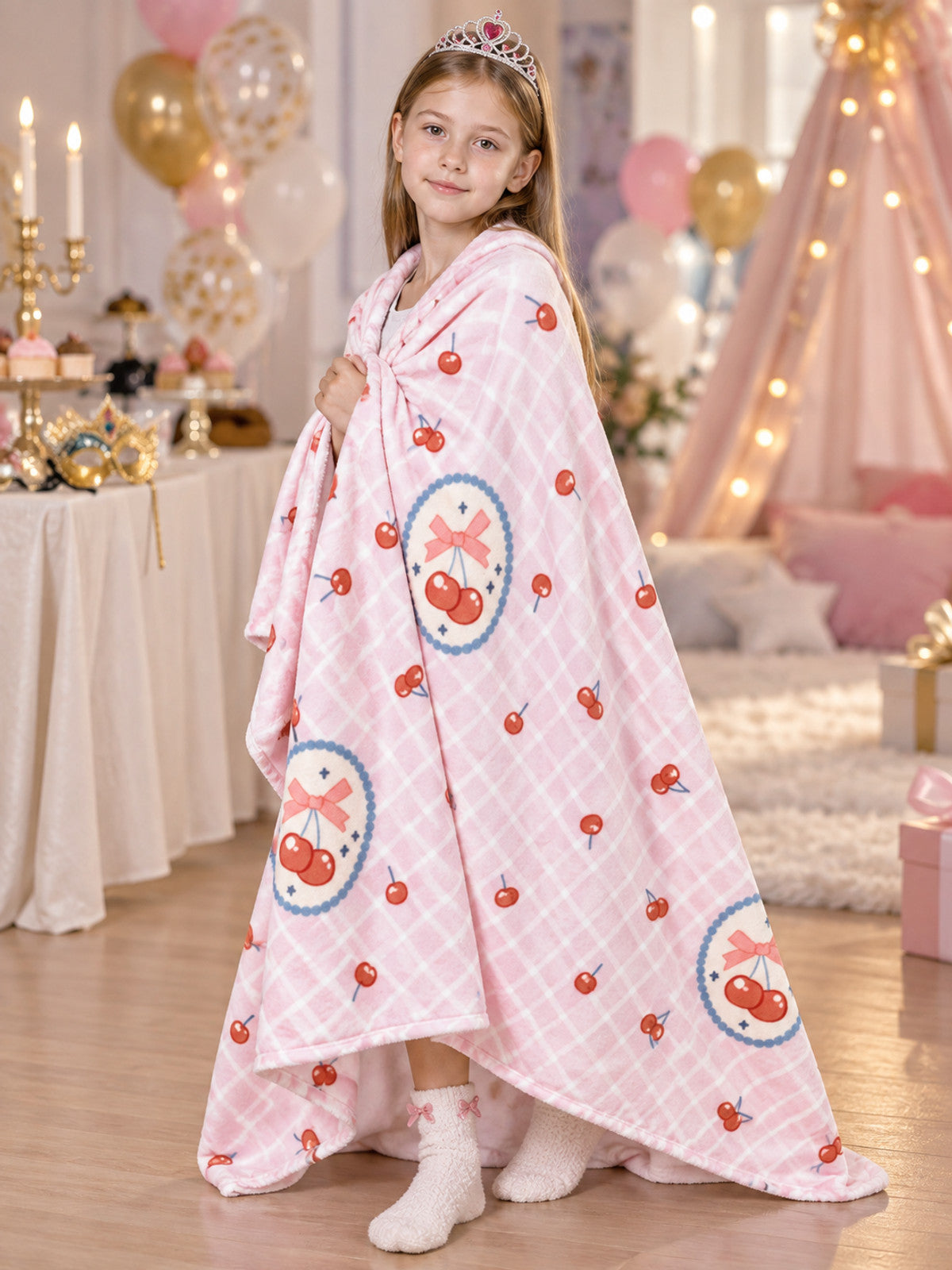 Pink reversible blanket with cherry and bow print, polyester