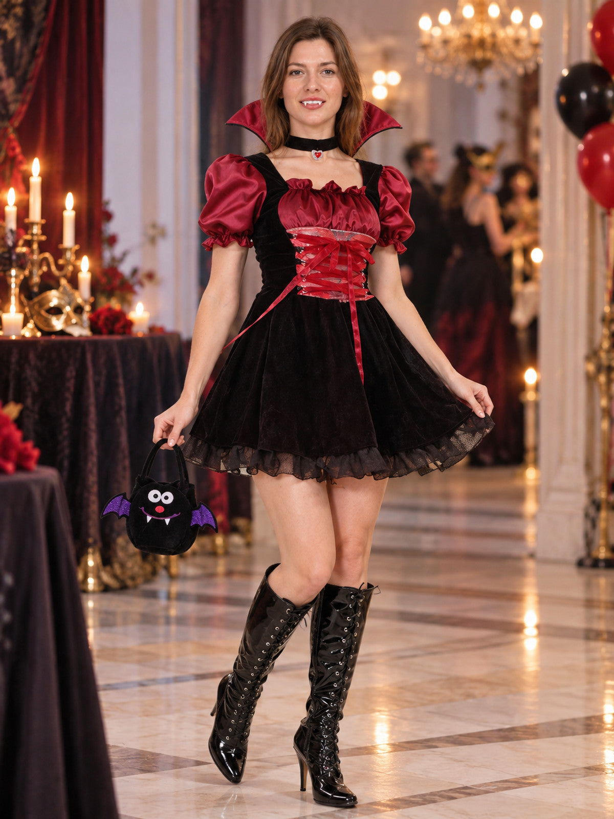 Vampire Costume: Dress, Fangs, Bag, Jewelry