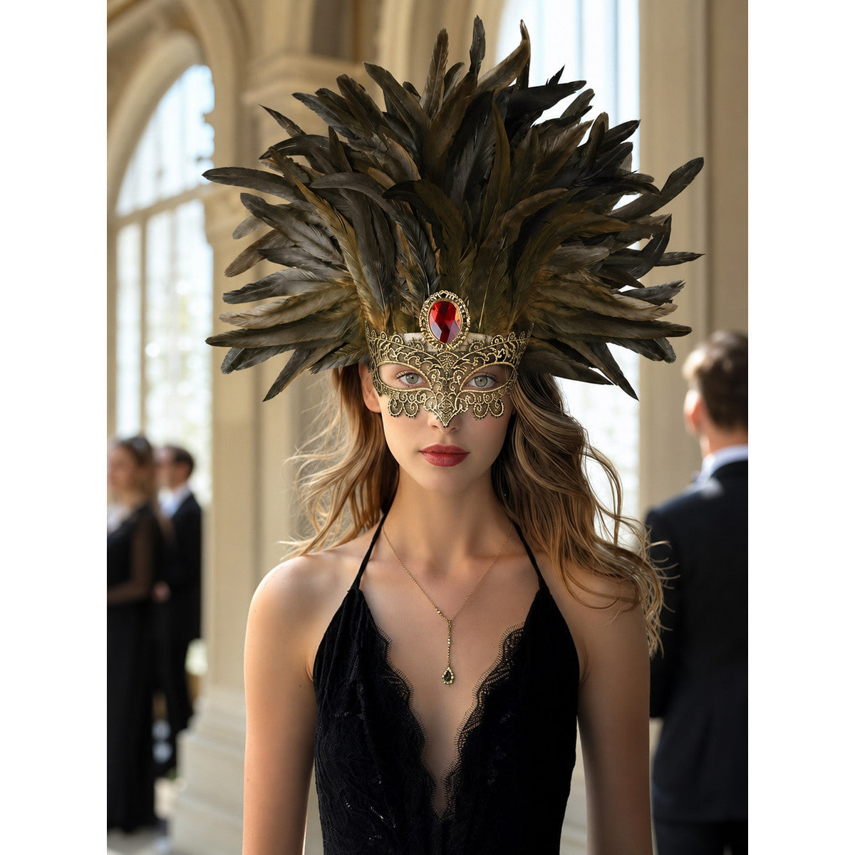 Carnival Headpiece with Mask and Feathers lifestyle