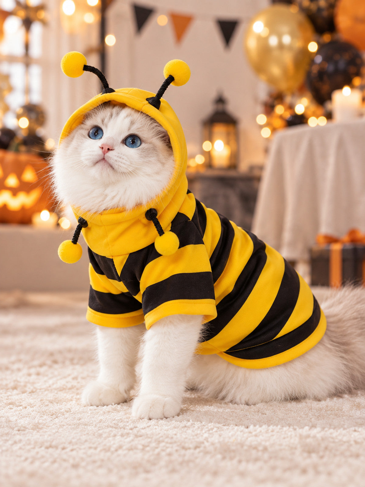 Bee Costume for Cats with Yellow and Black Stripes and Antennae