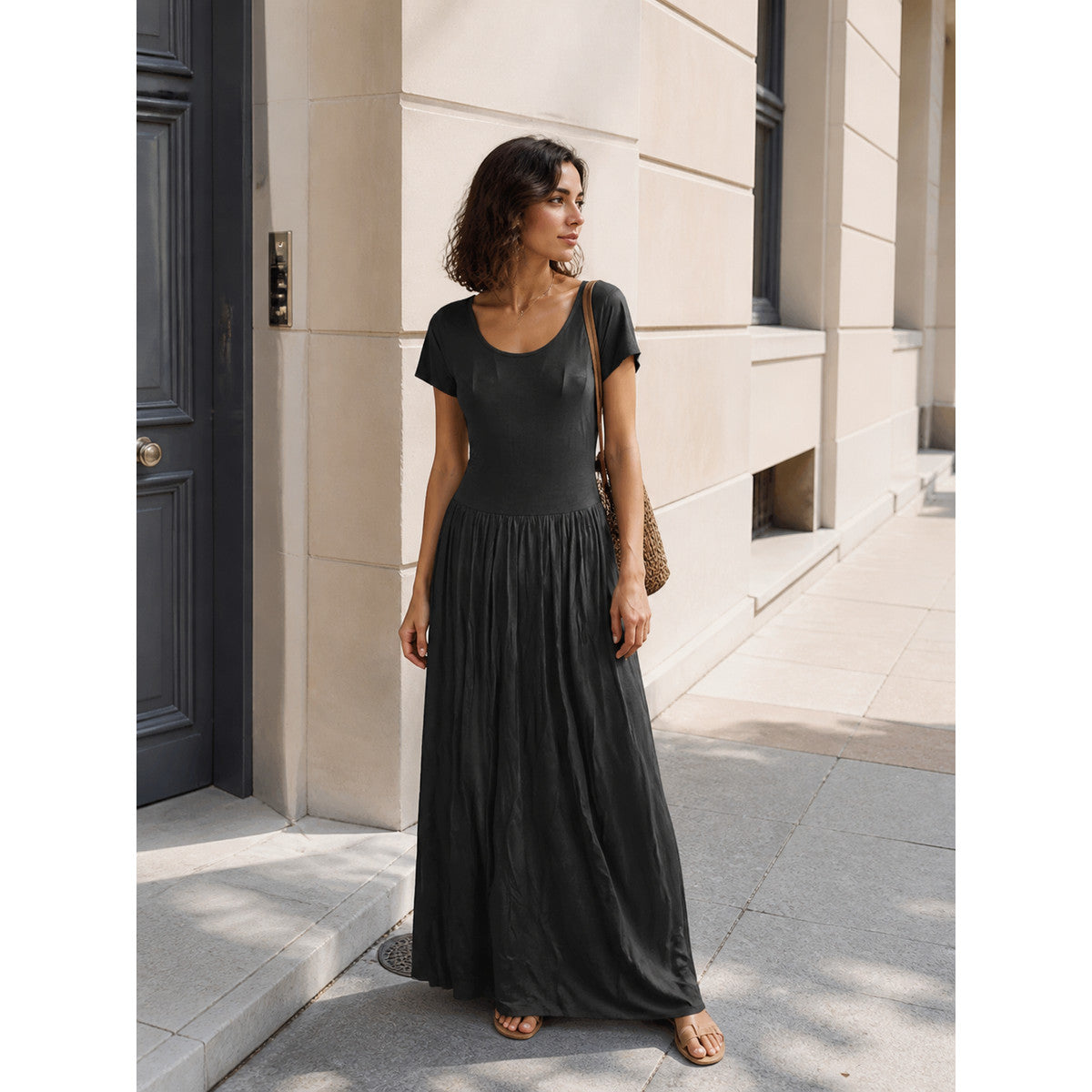 Women's Long Dress with Short Sleeves and Pleats