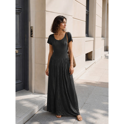 Women's Long Dress with Short Sleeves and Pleats
