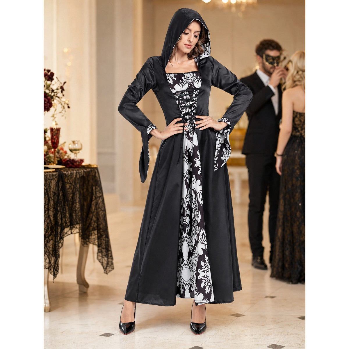 Long Gothic Hooded Dress with Lace-Up Detail