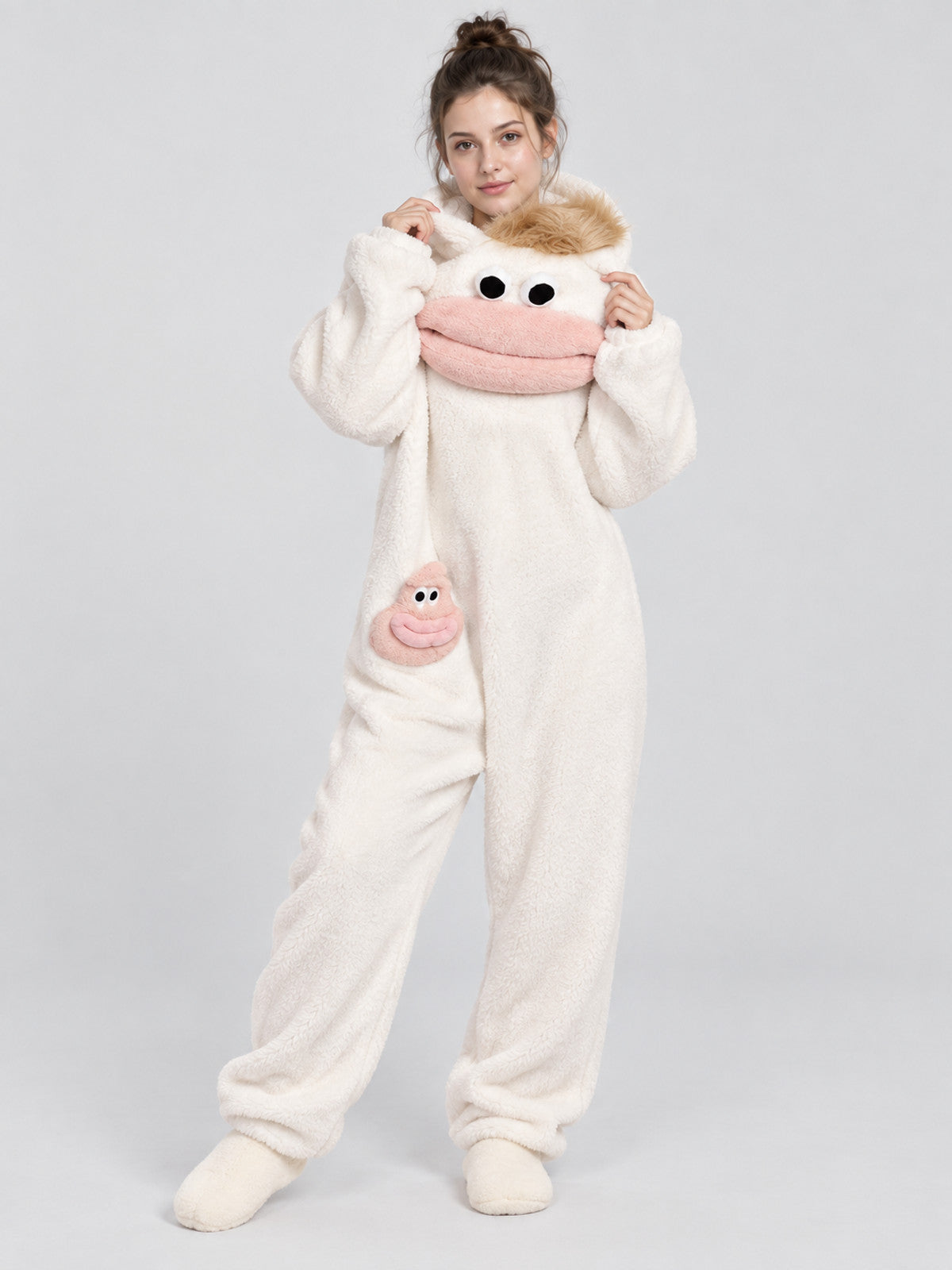 White Loungewear Pajama Jumpsuit with Cartoon Design