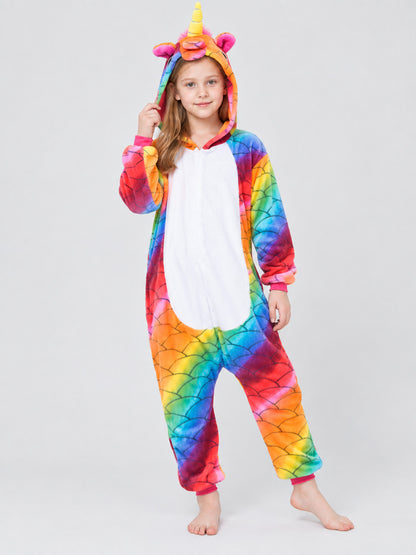 Hooded Pajama Jumpsuit with Horn, Ears, and Rainbow Print
