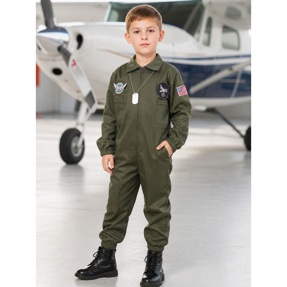 Flight jumpsuit with patches and accessories lifestyle