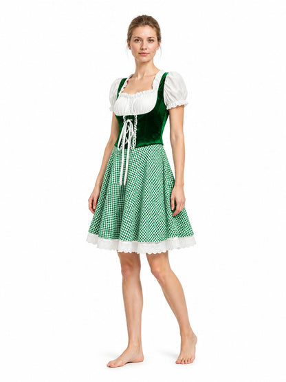 Bavarian-Style Plaid Dress with Lace-Up Front