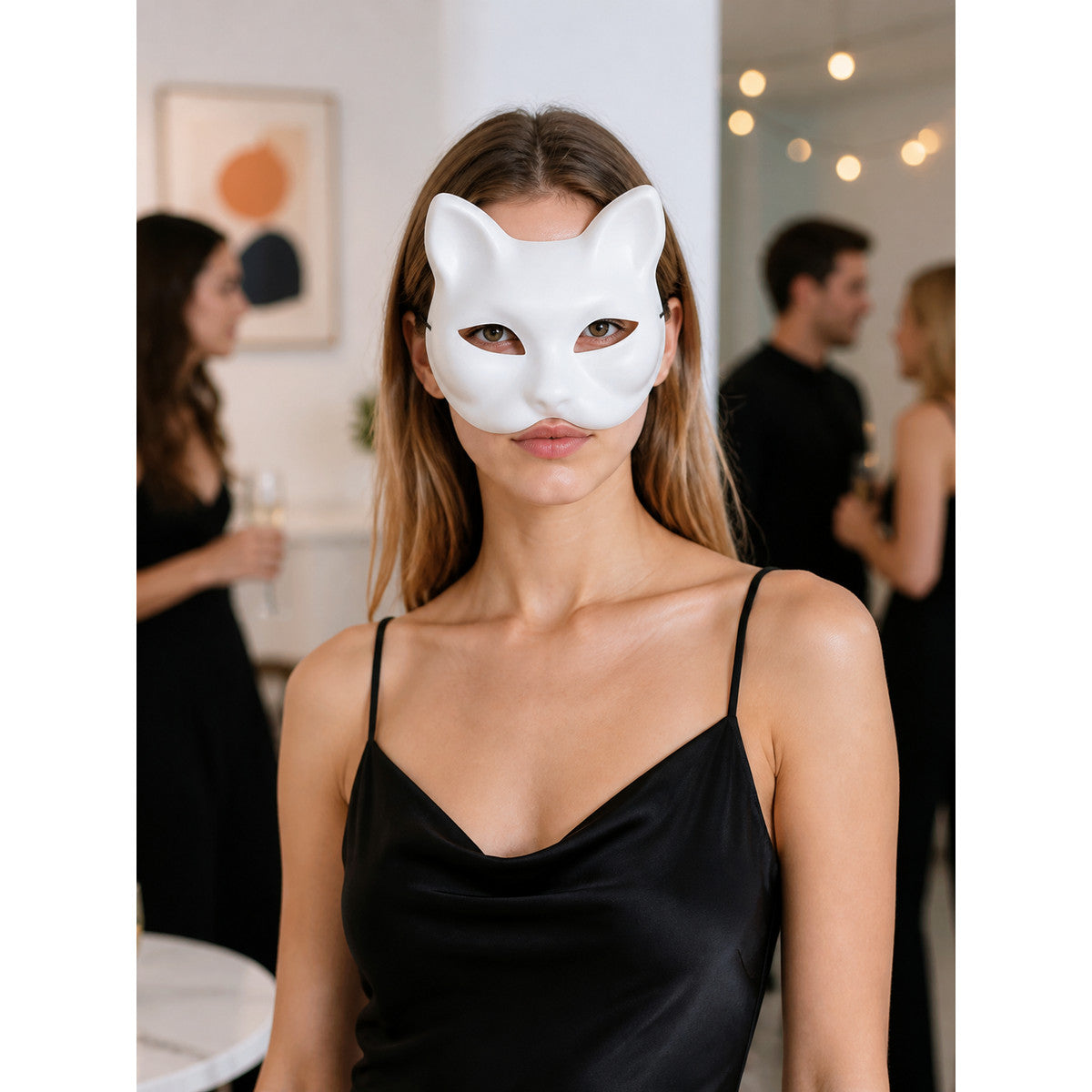 Woman wearing a plain white cat mask at an evening party