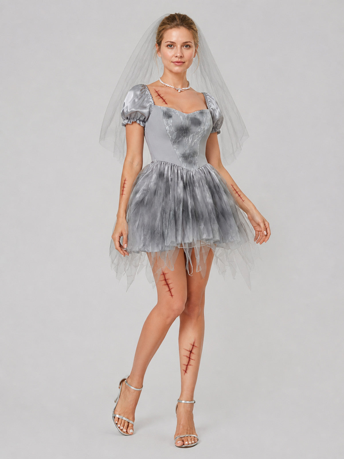 Gray Ghost Bride Dress with Veil and Ragged Hem Costume Dresses detail