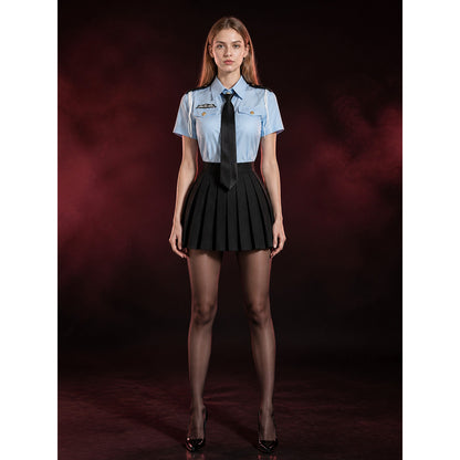 Women's Short Sleeve Light Blue Police Costume Set with Pleated Skirt and Tie main product view