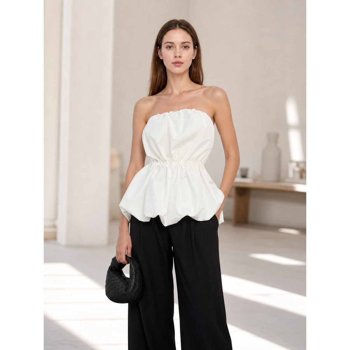 White Strapless Bustier Top with Draped Peplum