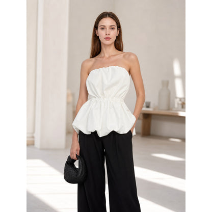 White Strapless Bustier Top with Draped Peplum