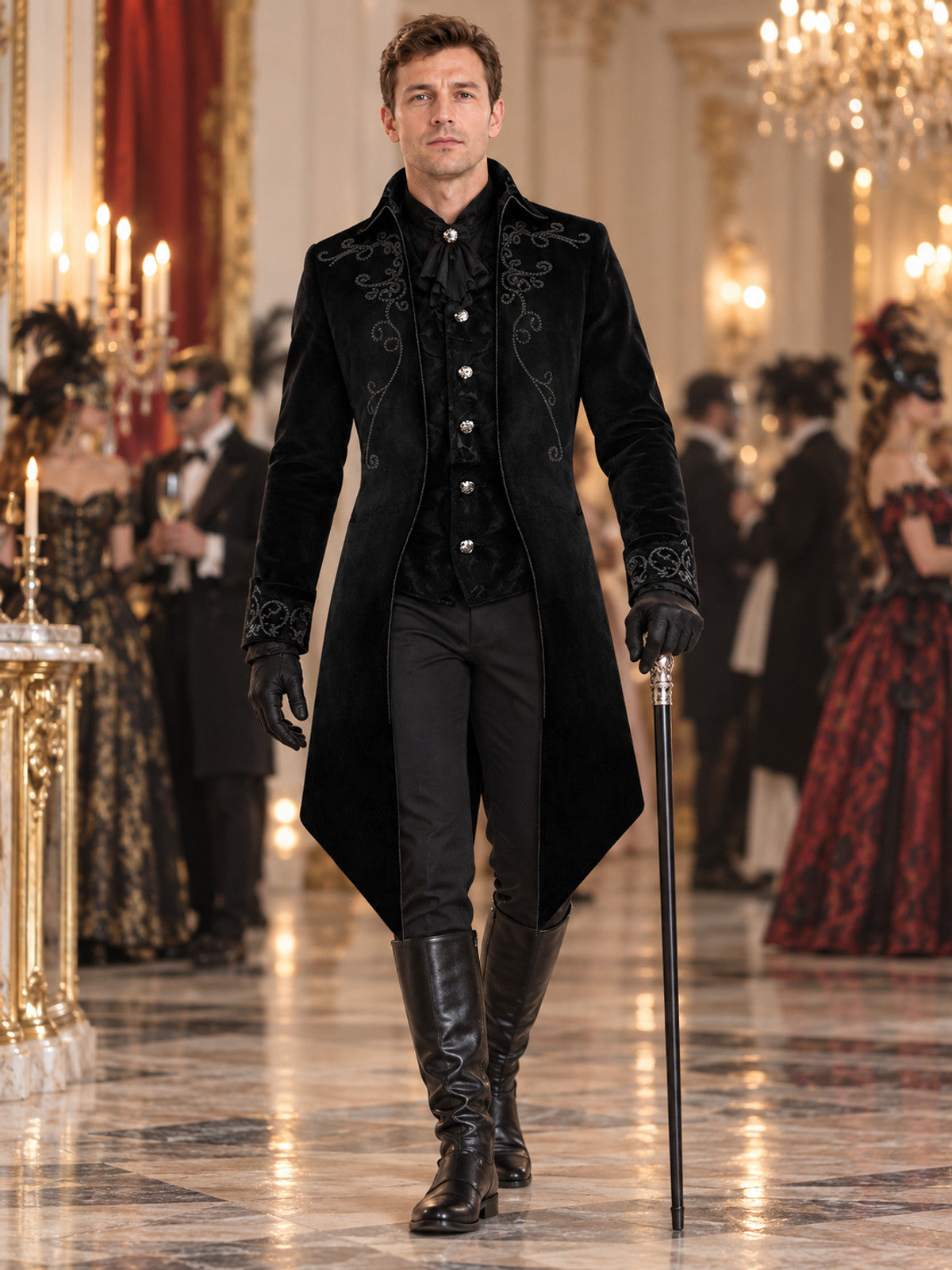 Black Velvet Long Tailcoat with Embroidery and Tails