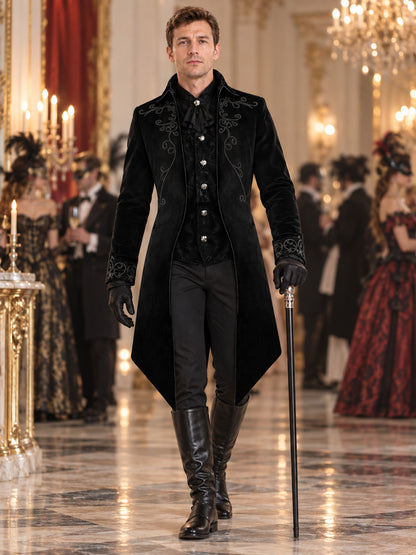 Black Velvet Long Tailcoat with Embroidery and Tails