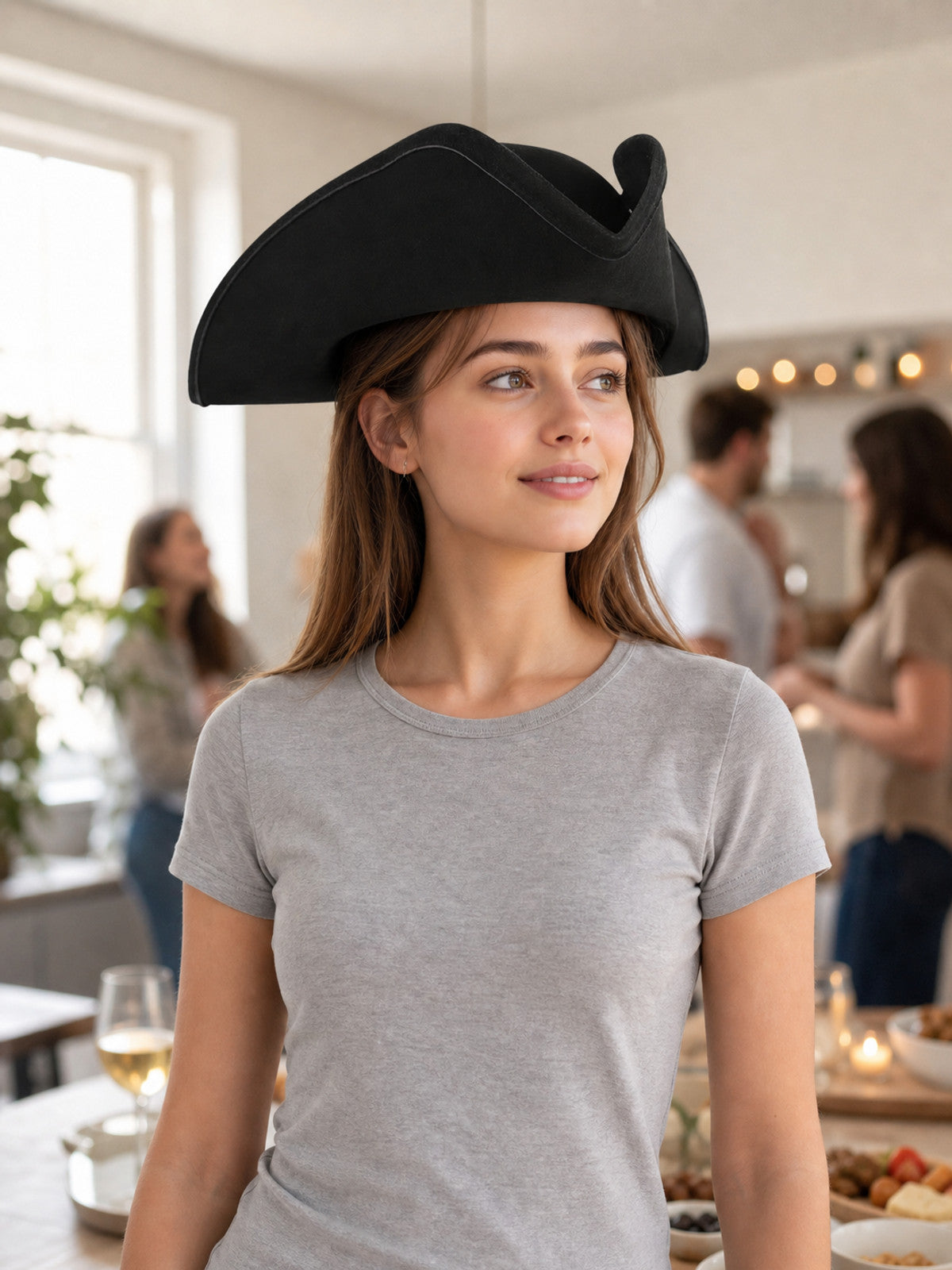 Black tricorn hat with raised brim edges shown on a woman in a gray shirt at an indoor gathering