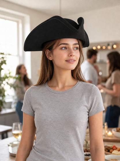Black tricorn hat with raised brim edges shown on a woman in a gray shirt at an indoor gathering