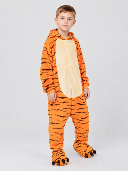 Kids' Pajama Jumpsuit Orange with Tiger Stripes