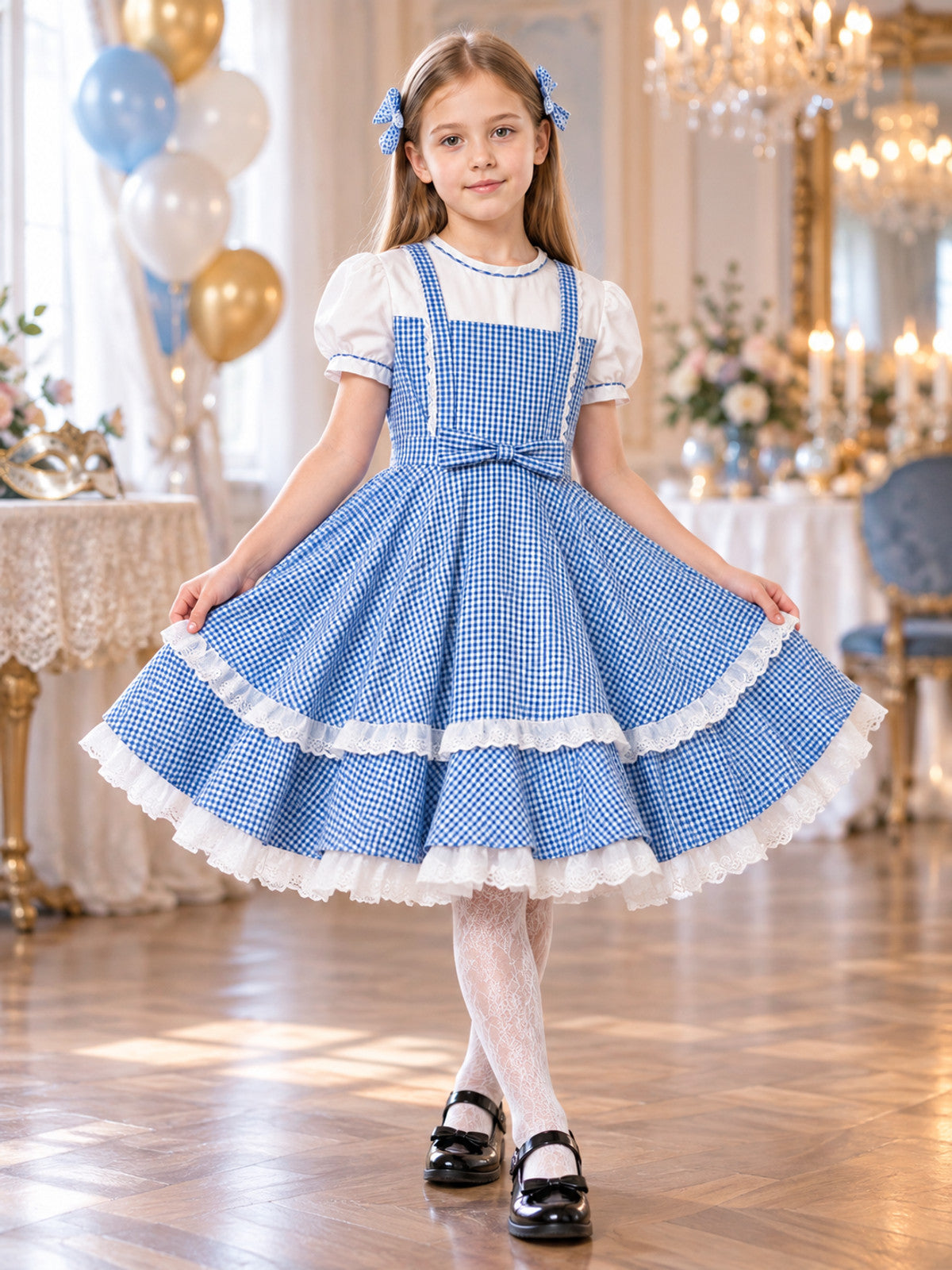 Blue and White Plaid Cosplay Dress with Bow and Headband