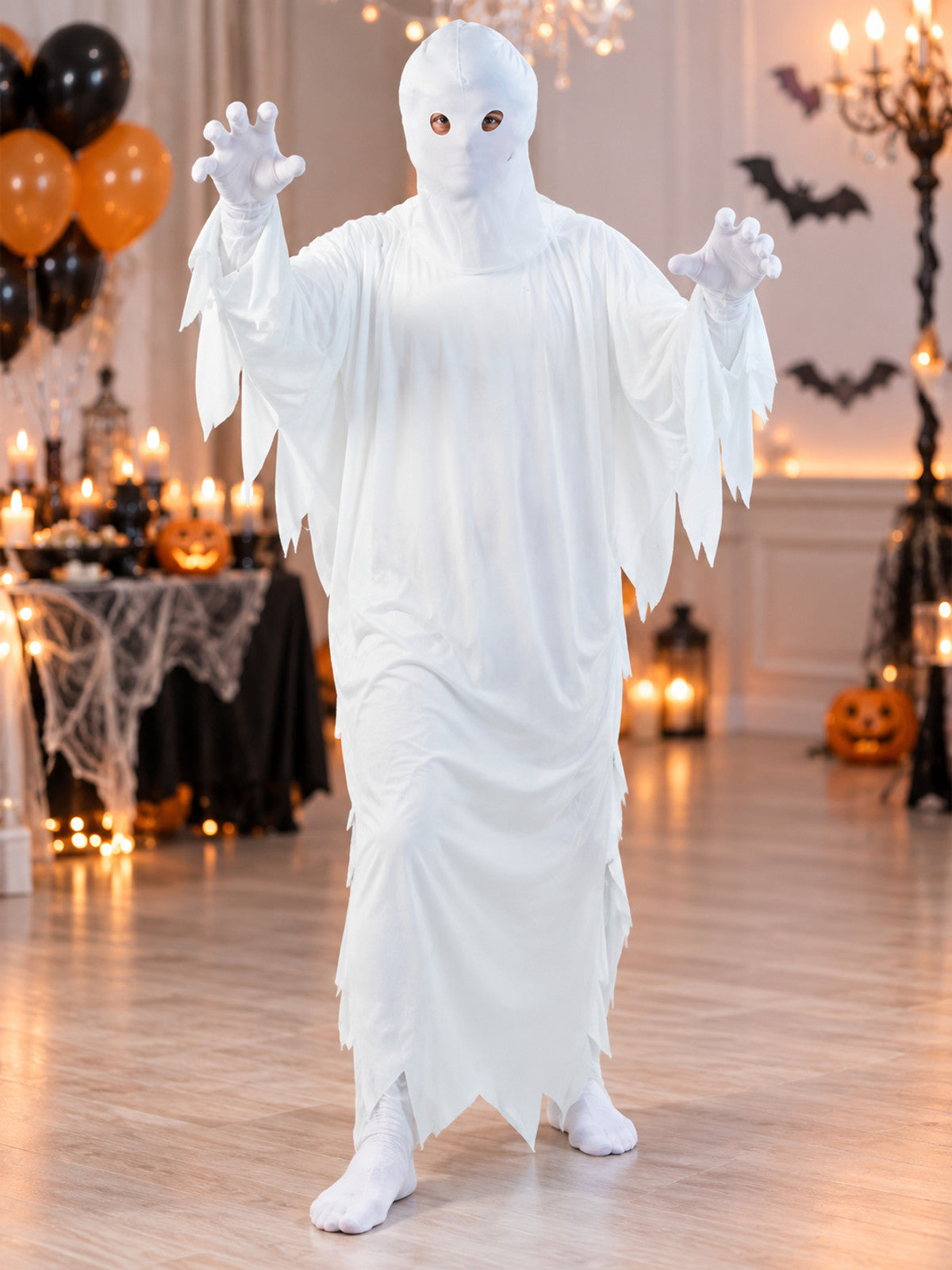 White Ghost Costume with Hood and Eye Cutouts