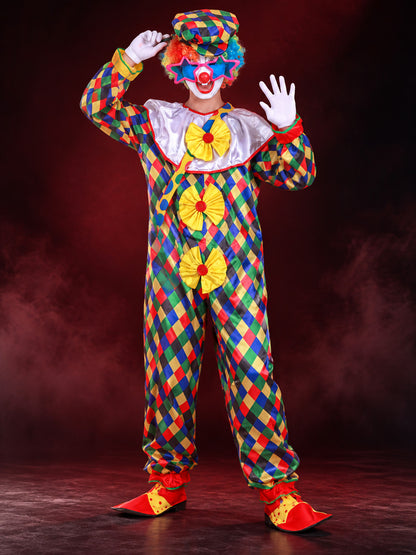 Clown Costume: Diamond-Pattern Jumpsuit, Wig, Mask