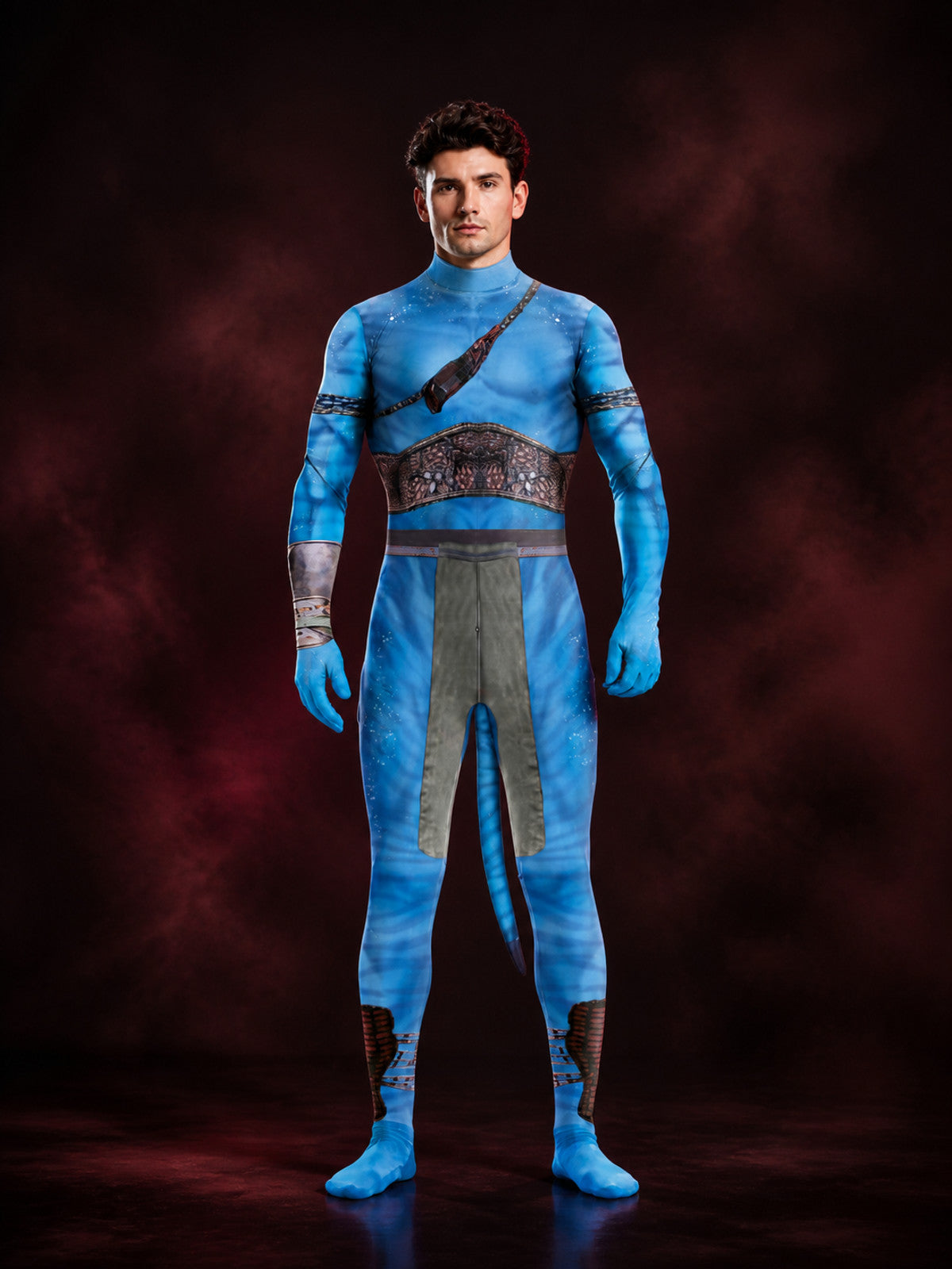 Blue Alien Character Bodysuit Costume, Armor Print with Tail, Halloween Cosplay main product view