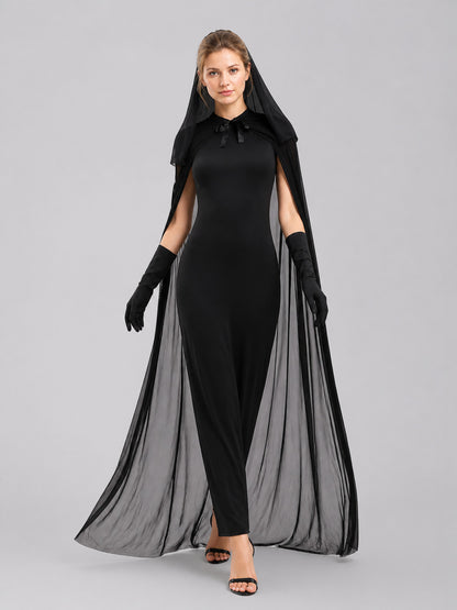 Black Vampire Costume with Long Cape and Gloves Costume Capes detail