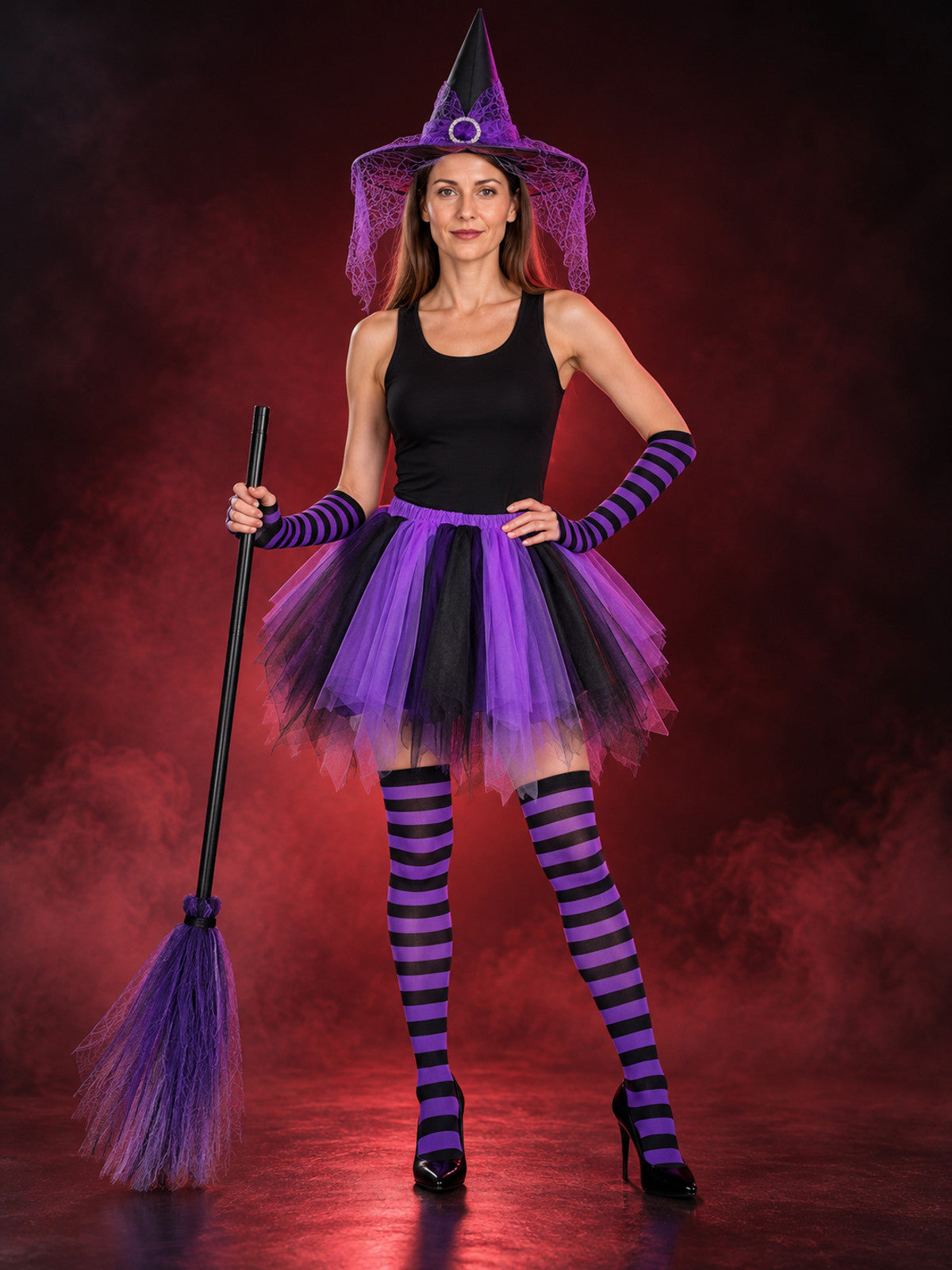 Witch Costume 5 Pieces Purple and Black with Broom