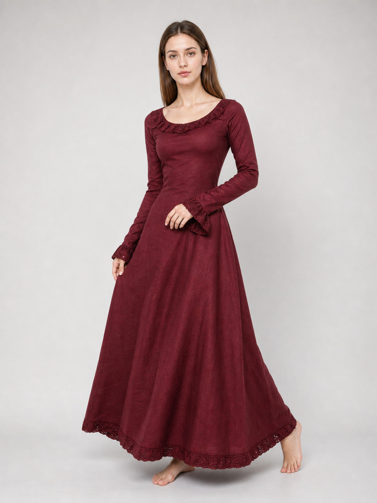 Vintage Burgundy Maxi Dress with Long Sleeves
