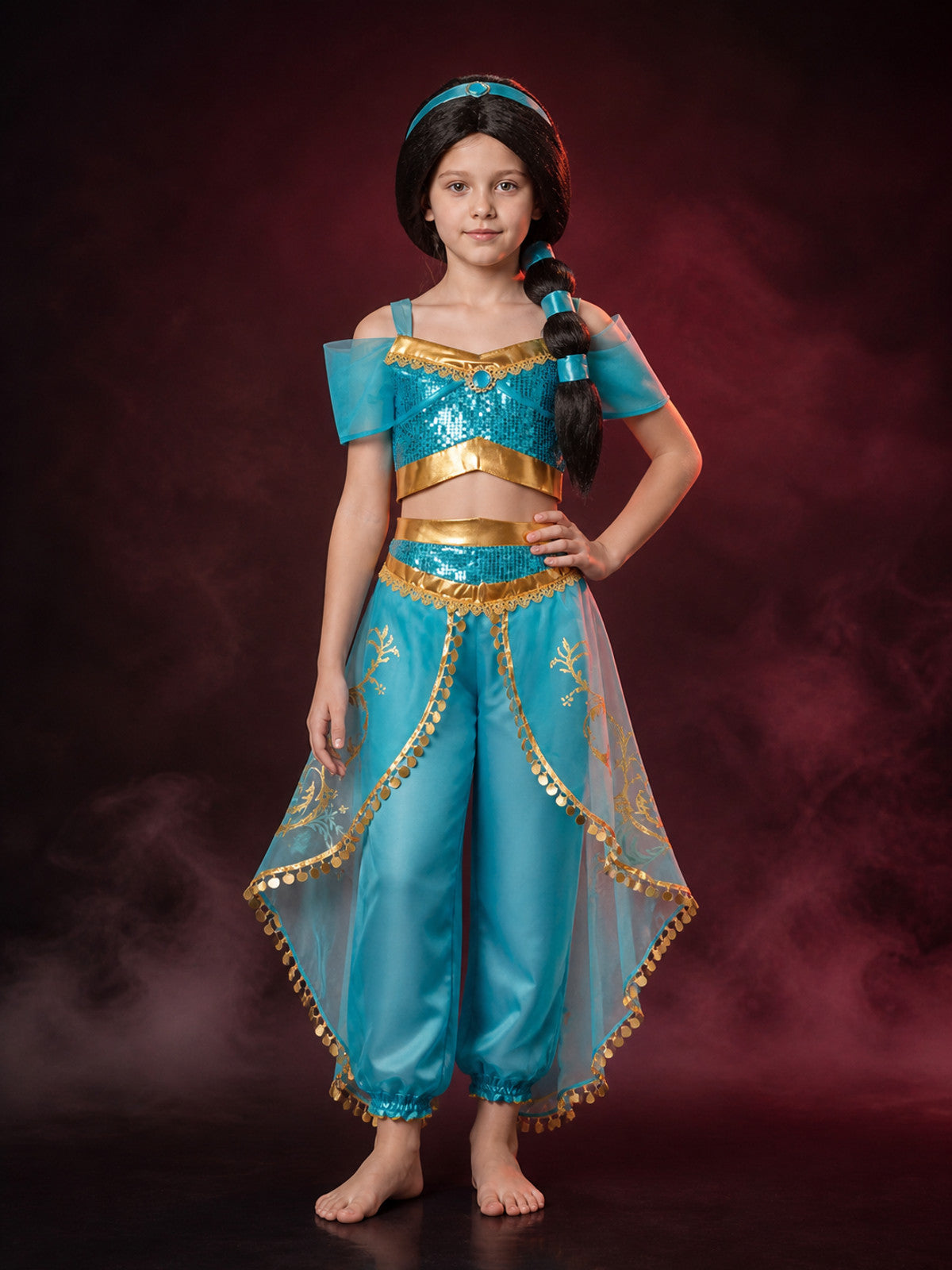 Girls' Arabian Princess Sequin Halloween Costume Set With Top, Pants And Wig