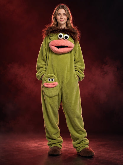 Olive green coral fleece pajama jumpsuit