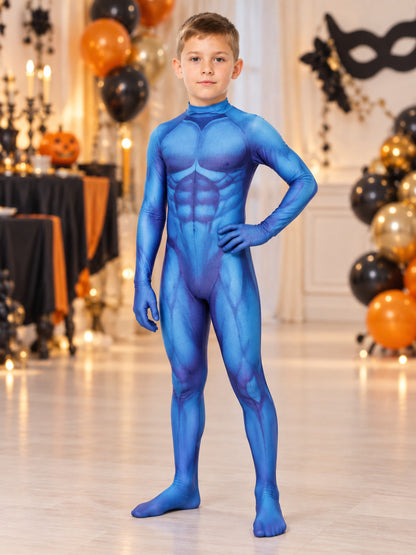 Blue Fitted Cosplay Bodysuit with Muscle Print