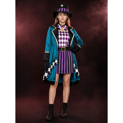 Adult Circus Jester Costume Set, Mad Hatter Outfit with Tailcoat, Hat, Gloves main product view