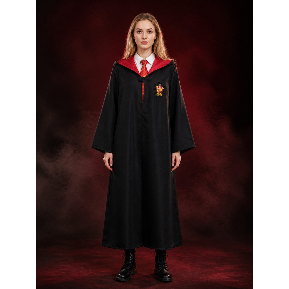 Wizard Hooded Robe Costume Set with House Badge and Striped Tie, Halloween main product view
